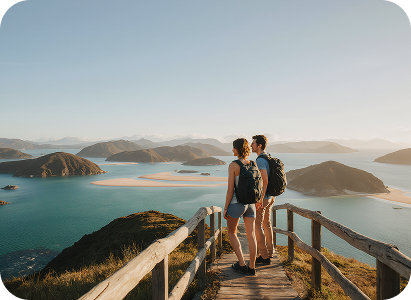 Aerial view of secluded beaches and lush green islands in the Bay of Islands