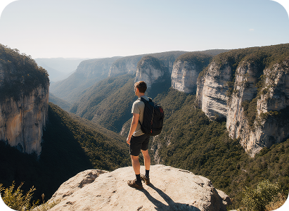 Panoramic view of the Three Sisters rock formation in the Blue Mountains with deep valleys