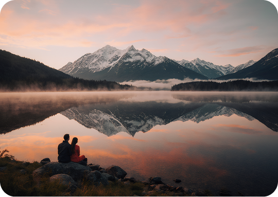 Couple sitting by calm lake at sunset, mountains reflected in water