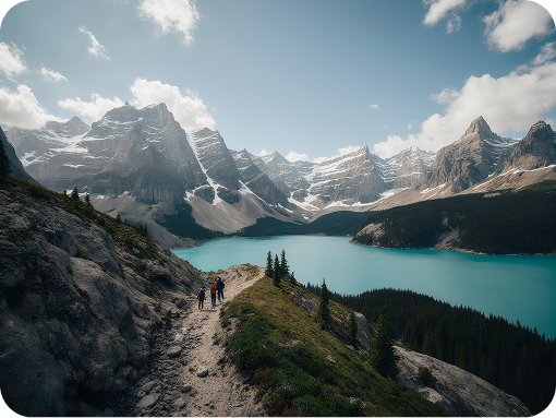 Hikers on mountain trail overlooking turquoise lake and snow-capped peaks