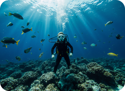 Scuba diver exploring coral reef with fish and sunlight rays