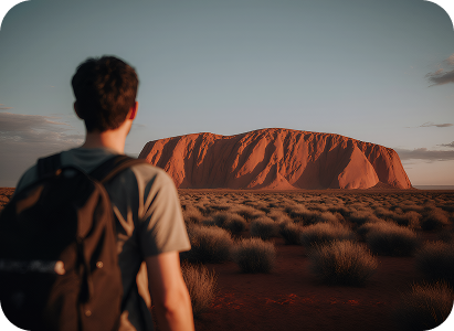Uluru (Ayers Rock) at sunset with red sand and sparse vegetation